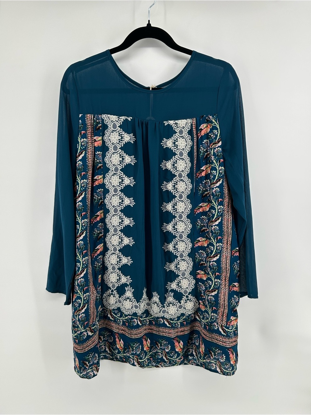 NWT Entro Teal Boho Shift Dress M Lace Floral Border Print Sheer Long Sleeve - Picture 1 of 7